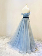 A-Line Gray Blue Tulle Long Evening Prom Dresses, Gray Blue Long Formal Dresses