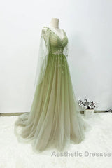 A-Line Green Gradient Tulle Long Sleeves Party Dresses, V-Neckline Green Formal Dresses Evening Prom Dresses