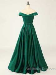 A-Line Green Off Shoulder Long Evening Prom Dresses, Green Formal Evening Dresses