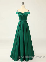A-Line Green Off Shoulder Long Evening Prom Dresses, Green Formal Evening Dresses