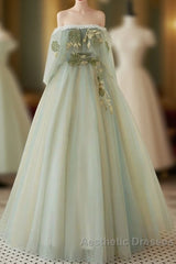 A-Line Green Tulle Lace Long Evening Prom Dresses, Green Tulle Lace Long Formal Dresses
