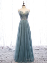 A-Line Green Tulle Spaghetti Straps Beading Prom Dress