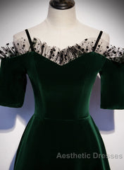 A-Line Green Velvet Spaghetti Straps Evening Prom Dresses, Green Wedding Party Dresses
