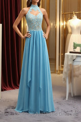 A Line High Neck Open Back Lace Chiffon Ruffles Blue Long Evening Prom Dresses, Blue Lace Formal Dresses, Blue Lace Graduation Dresses