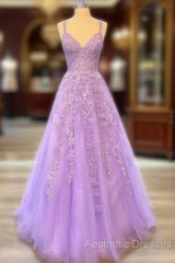 A-Line Lilac Tulle Evening Prom Dresses Violet V-Neck Formal Evening Dresses Uk