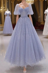 A-Line Long sleeves Beading Gray Blue Long Evening Prom Dresses, Gray Blue Formal Dresses
