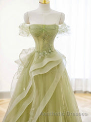 A-Line Off Shoulder Green Lace Long Evening Prom Dresses, Green Formal Dresses