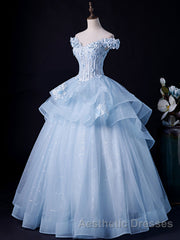 A-Line Off Shoulder Lace Tulle Blue Long Evening Prom Dresses, Blue Sweet 16 Dresses