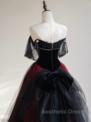 A-Line Off Shoulder Tulle Black/Burgundy Long Evening Prom Dresses