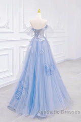 A-Line Off Shoulder Tulle Blue Long Evening Prom Dresses, Blue Long Formal Dresses