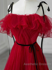 A-Line Off Shoulder Tulle Burgundy Long Evening Prom Dresses, Burgundy Long Formal Dresses
