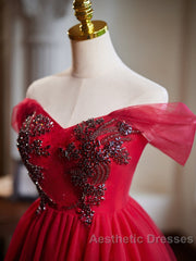 A-Line Off Shoulder V Neck Tulle Burgundy Short Evening Prom Dresses With Beads