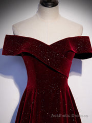 A-Line Off Shoulder Velvet Burgundy Long Prom Dress, Burgundy Long Formal Dress