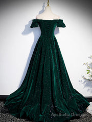 A-Line Off Shoulder Velvet Long Prom Dresses, Green Velvet Graduation Dress
