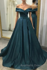 A-line Off the Shoulder Long Evening Prom Dresses Satin Formal Evening Prom Gowns