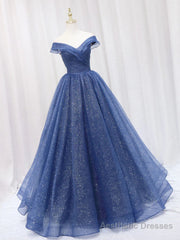 A Line Off the Shoulder Shiny Blue Long Prom Dresses, Off Shoulder Shiny Blue Formal Evening Dresses