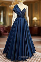 A-Line One Shoulder Satin Beads Dark Blue Long Evening Prom Dresses, Blue Long Evening Dresses