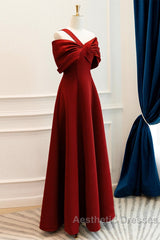 A-Line One Shoulder Satin Burgundy Long Evening Prom Dresses, Burgundy Long Formal Dresses