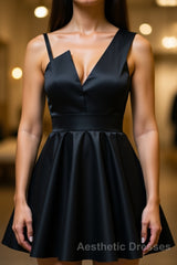 A Line One Shoulder Short Black Evening Prom Dresses, Short Black One Shoulder Formal Graduation Dresses