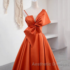 A Line Orange Satin Evening Prom Dresses Sweet Bow Birthday Party Dresses