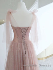 A-Line Pink Round Neck Tulle Long Evening Prom Dresses, Pink Formal Evening Dresses
