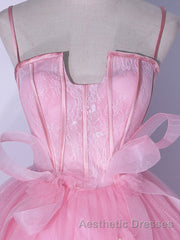 A-Line Pink Tulle Lace Long Evening Prom Dresses, Pink Formal Dresses