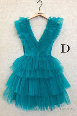 A Line Pink V Neck Tiered Homecoming Dresses,Tulle Short Evening Prom Party Dresses