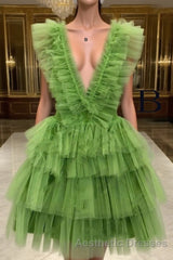 A Line Pink V Neck Tiered Homecoming Dresses,Tulle Short Evening Prom Party Dresses