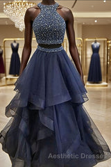A-Line/Princess Halter Floor-Length Tulle Evening Prom Dresses