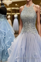 A-Line/Princess Halter Floor-Length Tulle Evening Prom Dresses With Appliques Lace
