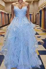 A-Line/Princess Spaghetti Straps Floor-Length Tulle Evening Prom Dresses With Appliques Lace
