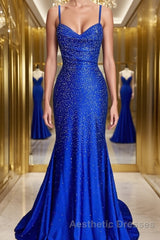 A-Line/Princess Spaghetti Straps Sweep Train Silk like Satin Evening Prom Dresses With Ruffles