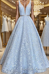 A-Line/Princess Straps Floor-Length Lace Evening Prom Dresses With Appliques Lace