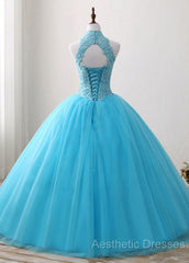 A-Line/Princess Tulle Appliques Lace Evening Prom Dresses With Beading
