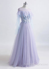 A-Line/Princess Tulle Jewel Floor-Length Evening Prom Dresses With Beaded Lace Appliques