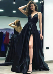 A-line/Princess V Neck Sleeveless Sweep Train Satin Prom Dresses With Split