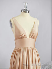A-Line/Princess V-neck Sweep Train Jersey Bridesmaid Dresses with Leg Slit