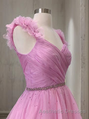 A-Line/Princess V-neck Sweep Train Organza Evening Prom Dresses With Ruffles