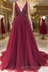 A-Line/Princess V-neck Sweep Train Tulle Evening Prom Dresses With Ruffles