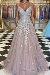 A-Line/Princess V-neck Sweep Train Tulle Evening Prom Dresses With Appliques Lace
