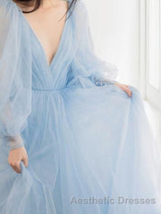 A-Line/Princess V-neck Sweep Train Tulle Evening Prom Dresses With Ruffles