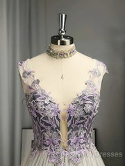 A-Line/Princess V-Neck Tulle Applique Sleeveless Floor-Length Evening Prom Dresses