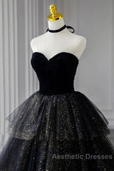 A-Line Evening Prom Dresses Black Dresses Dresses Formal Birthday Floor Length Sleeveless Strapless Tulle With Ruched Sequin