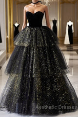 A-Line Evening Prom Dresses Black Dresses Dresses Formal Birthday Floor Length Sleeveless Strapless Tulle With Ruched Sequin