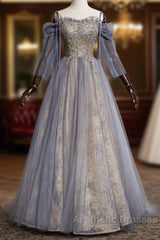 A-Line Evening Prom Dresses Dresses Wedding Floor Length Strap Tulle With Sequin Embroidery