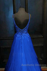 A-Line Evening Prom Dresses Open Back Dresses Formal Evening Prom Court Train Sleeveless V Neck Tulle Backless V Back With Beading Appliques