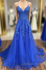 A-Line Evening Prom Dresses Open Back Dresses Formal Evening Prom Court Train Sleeveless V Neck Tulle Backless V Back With Beading Appliques