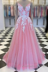A-Line Evening Prom Dresses Princess Dresses Formal Floor Length Sleeveless V Neck Tulle With Pleats Appliques