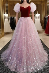 A-Line Evening Prom Dresses Princess Dresses Evening Prom Floor Length Short Sleeve Sweetheart Tulle With Sequin