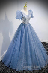 A-Line Evening Prom Dresses Puffy Dresses Quinceanera Floor Length Short Sleeve V Neck Tulle With Sequin